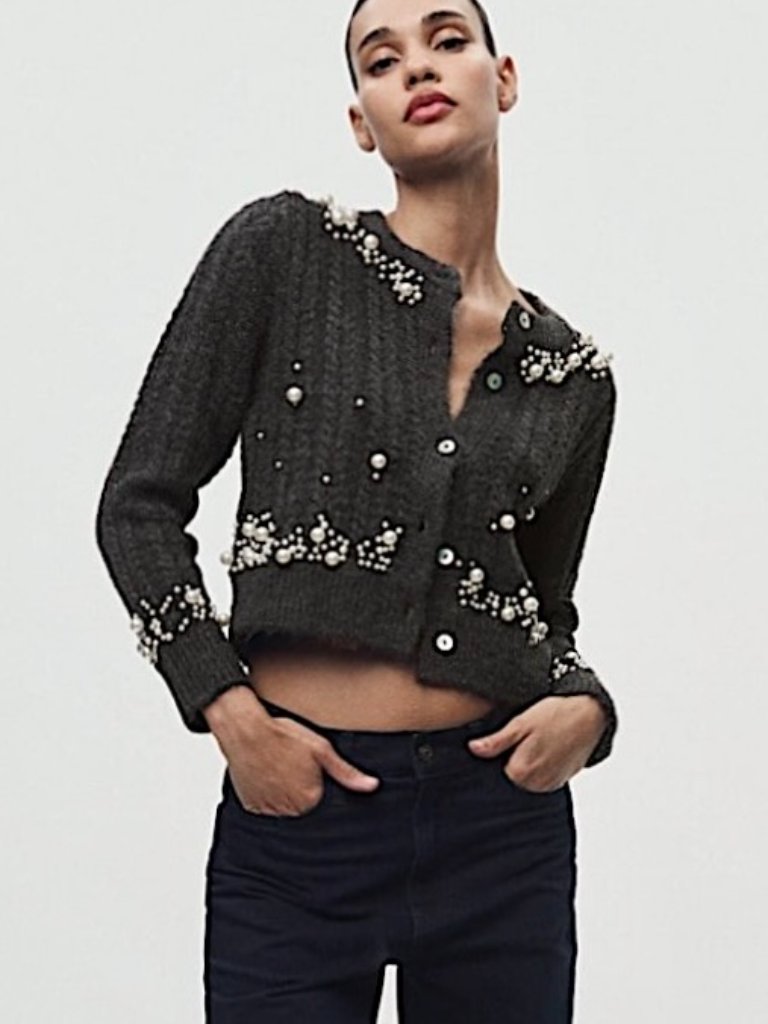 Zara Pearl-Embellished Ribbed Chunky Knit Cropped Cardigan Sweater Size S Gray
